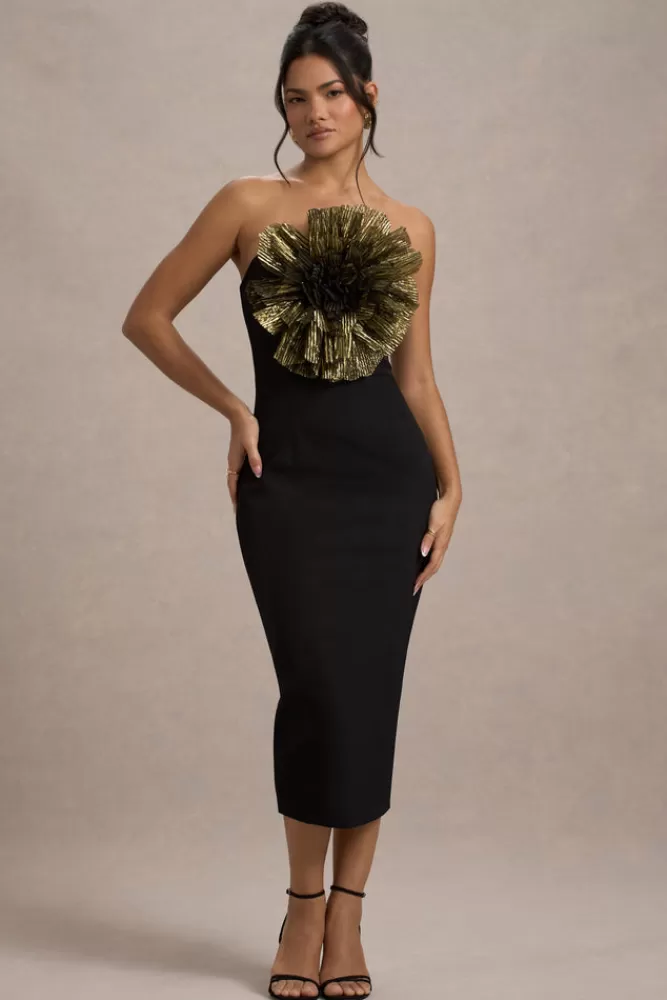 Club L London Moya | u0026 Gold Bodycon Midi Dress With Corsage Detail BLACK Clearance
