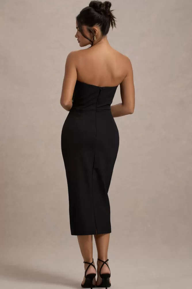 Club L London Moya | u0026 Gold Bodycon Midi Dress With Corsage Detail BLACK Clearance