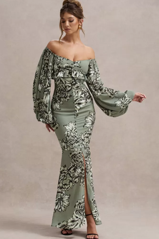 Club L London Murcia | Olive Floral Print Chiffon Puff-Sleeve Button Maxi Dress FLORALPRINT Clearance