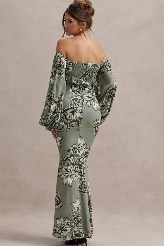 Club L London Murcia | Olive Floral Print Chiffon Puff-Sleeve Button Maxi Dress FLORALPRINT Clearance