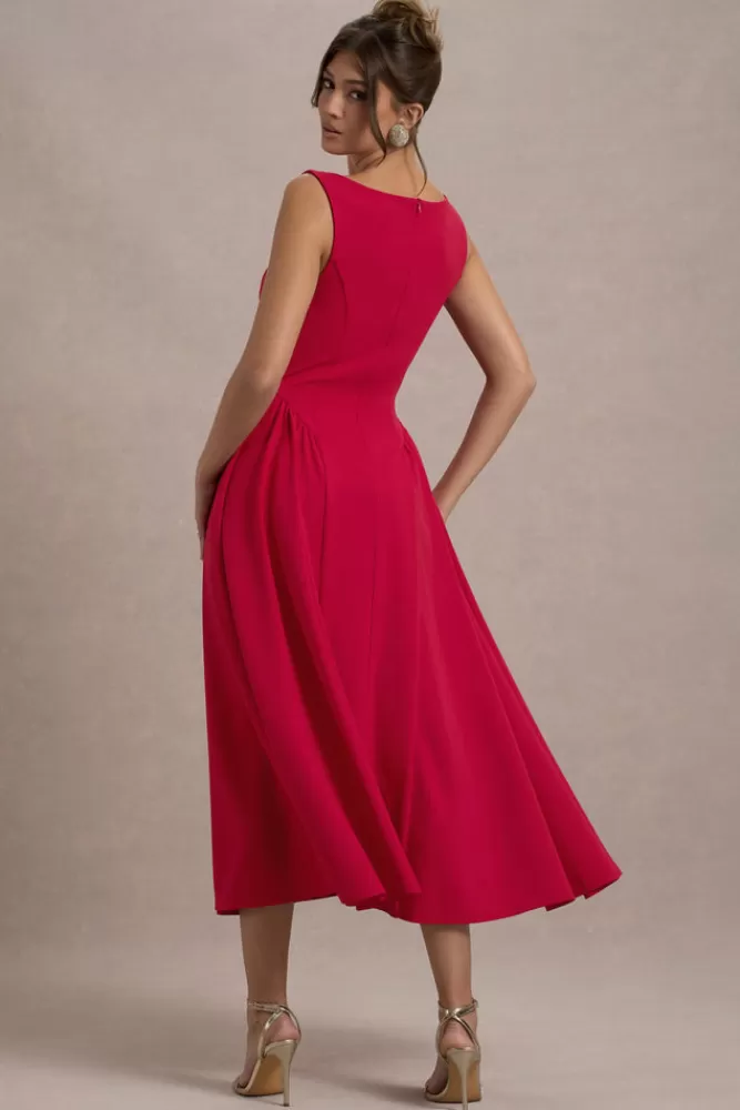 Club L London Muriel | Boat-Neck Volume-Hem Midi Dress RED Cheap