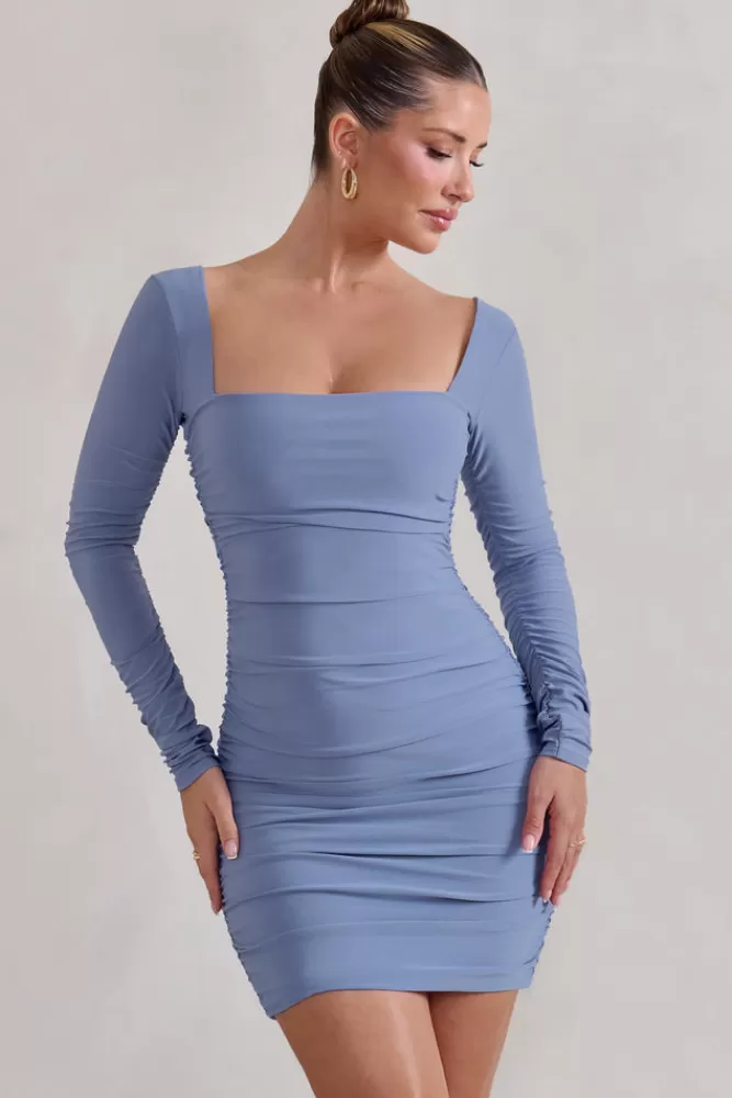 Club L London Muse | Cornflower Blue Long Sleeve Square Neck Ruched Mini Dress CornflowerBlue Clearance