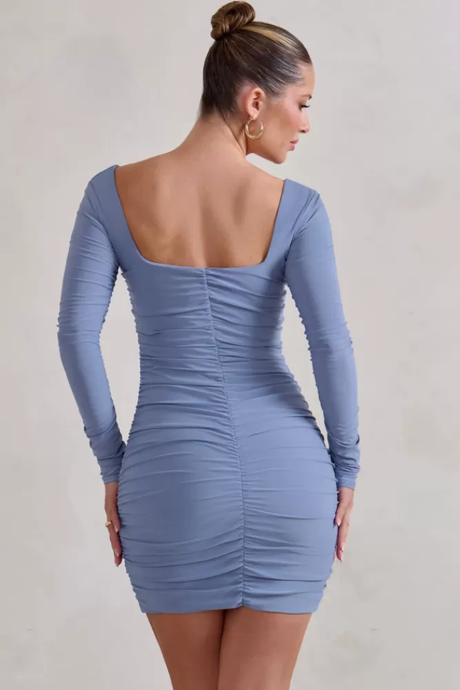 Club L London Muse | Cornflower Blue Long Sleeve Square Neck Ruched Mini Dress CornflowerBlue Clearance