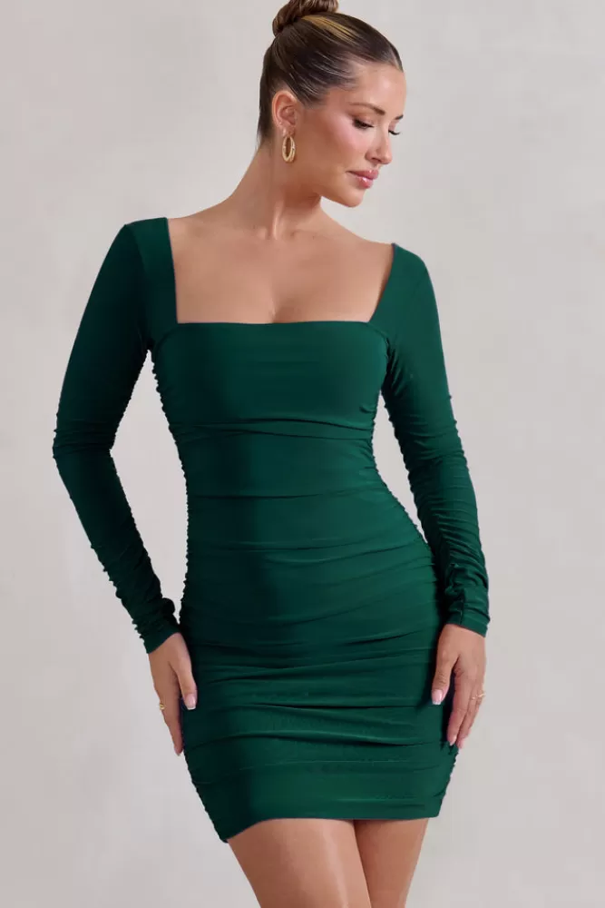 Club L London Muse | Long Sleeve Square Neck Ruched Mini Dress Green Best