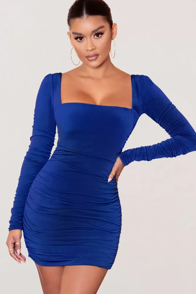 Club L London Muse | Royal Long Sleeve Square Neck Ruched Mini Dress Blue Fashion