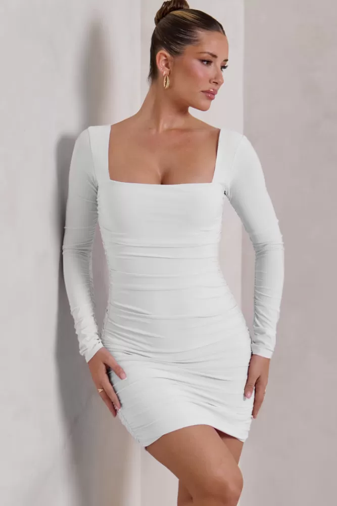 Club L London Muse | Long Sleeve Square Neck Ruched Mini Dress White Best