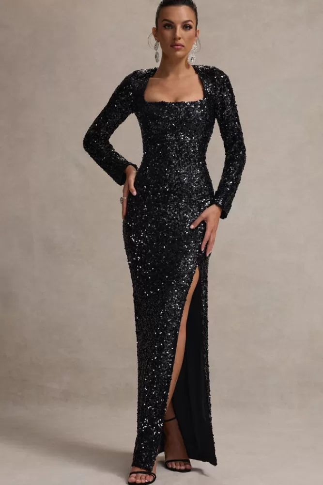 Club L London My Dream | Sequin Square-Neck Long-Sleeve Maxi Dress BLACK Best Sale