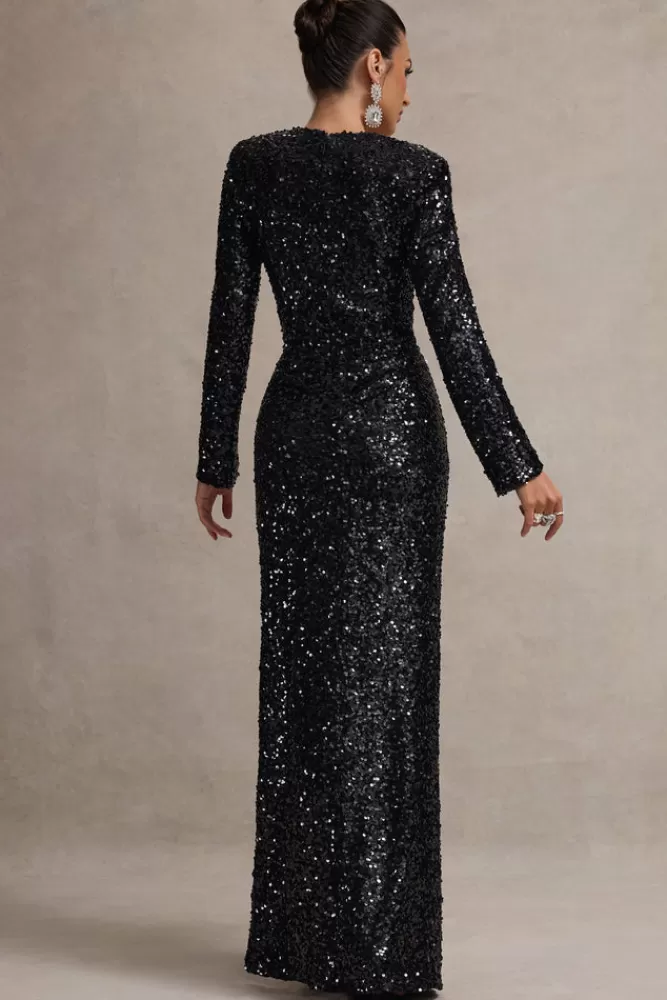 Club L London My Dream | Sequin Square-Neck Long-Sleeve Maxi Dress BLACK Best Sale