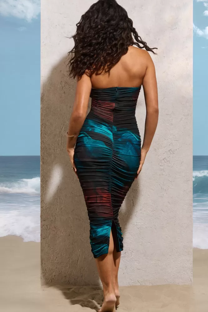 Club L London My Girl | Blue Print Strapless Bodycon Ruched Mesh Midi Dress BLUEPRINT Best