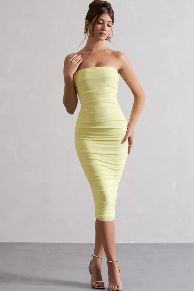 Club L London My Girl | Lemon Strapless Bodycon Ruched Mesh Midi Dress DUCKLING Hot