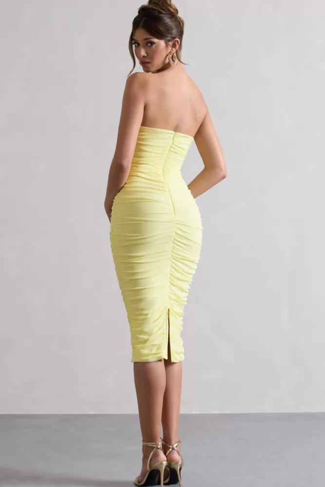 Club L London My Girl | Lemon Strapless Bodycon Ruched Mesh Midi Dress DUCKLING Hot