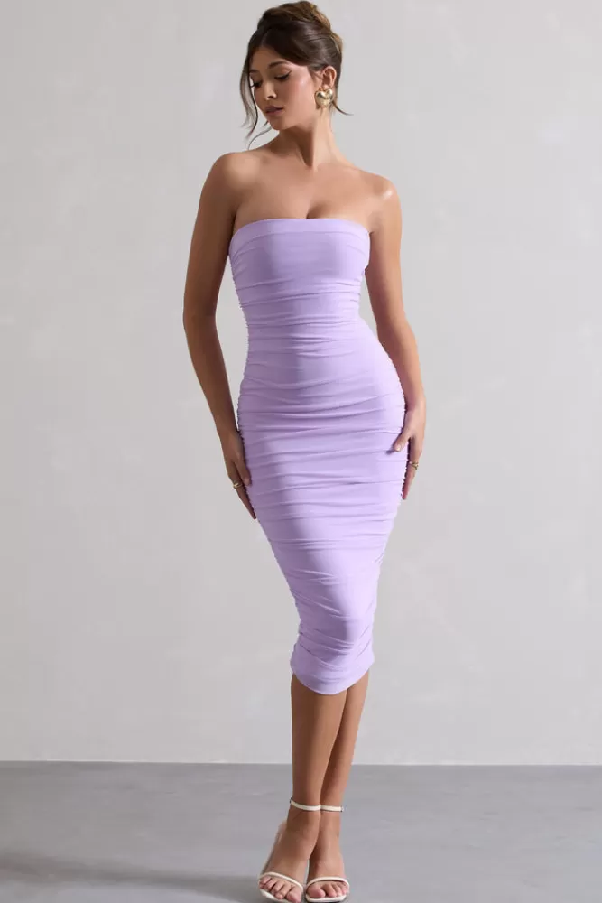 Club L London My Girl | Lilac Strapless Bodycon Ruched Mesh Midi Dress PASTELLILAC Clearance