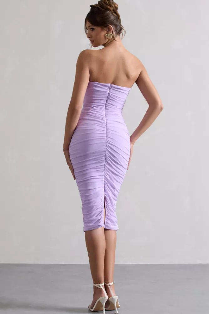 Club L London My Girl | Lilac Strapless Bodycon Ruched Mesh Midi Dress PASTELLILAC Clearance