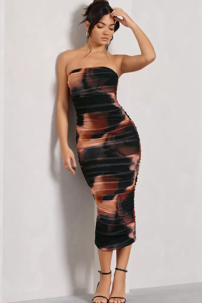 Club L London My Girl | Orange Smoke Print Strapless Bodycon Ruched Mesh Midi Dress MULTI New