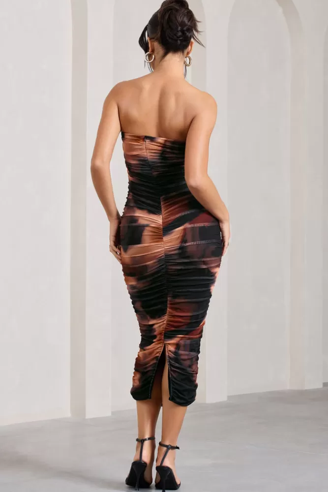 Club L London My Girl | Orange Smoke Print Strapless Bodycon Ruched Mesh Midi Dress MULTI New