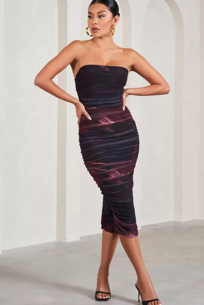 Club L London My Girl | Plum Print Strapless Bodycon Ruched Mesh Midi Dress PLUMPRINT Flash Sale