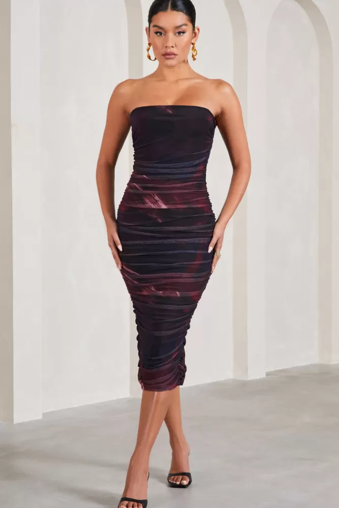 Club L London My Girl | Plum Print Strapless Bodycon Ruched Mesh Midi Dress PLUMPRINT Flash Sale