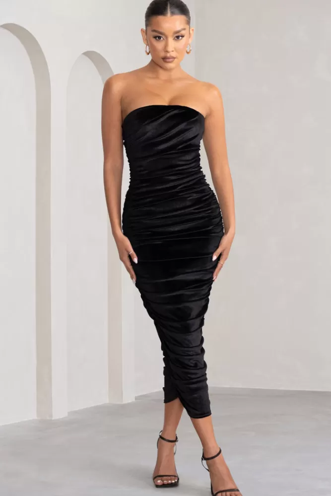 Club L London My Lady | Velvet Strapless Bodycon Ruched Mesh Maxi Dress Black Best