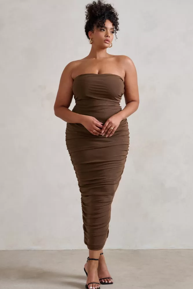Club L London My Lady | Brown Strapless Bodycon Ruched Mesh Maxi Dress CHOCOLATE Cheap