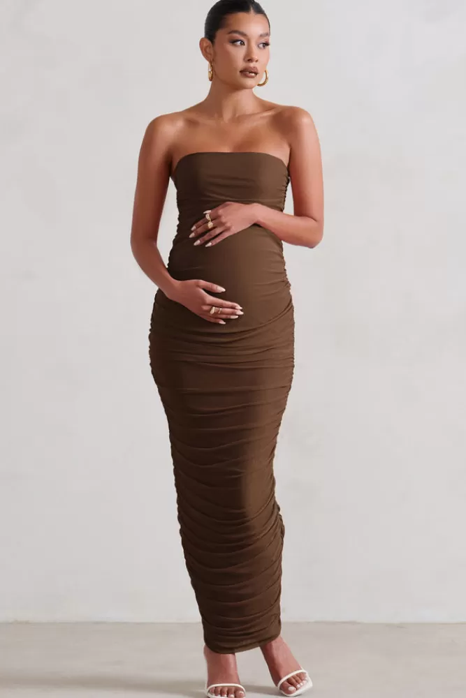 Club L London My Lady | Maternity Brown Strapless Bodycon Ruched Mesh Maxi Dress CHOCOLATE Hot