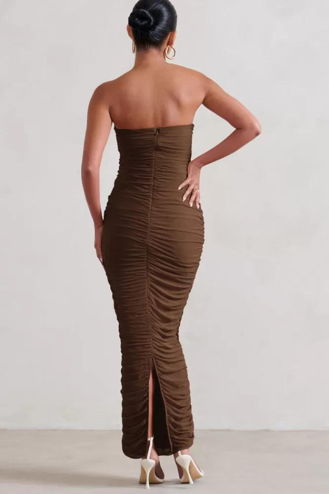 Club L London My Lady | Maternity Brown Strapless Bodycon Ruched Mesh Maxi Dress CHOCOLATE Hot