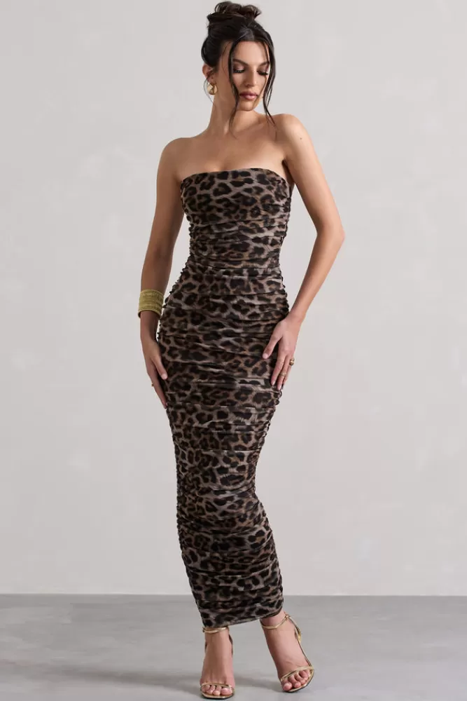 Club L London My Lady | Leopard Print Strapless Bodycon Ruched Mesh Midi Dress LEOPARDPRINT Best