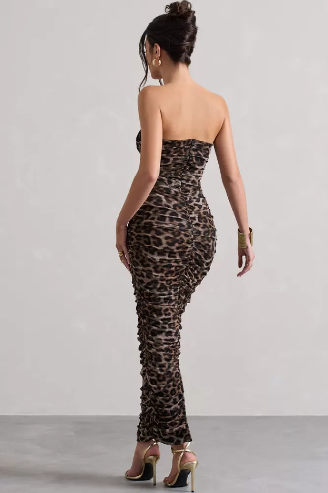 Club L London My Lady | Leopard Print Strapless Bodycon Ruched Mesh Midi Dress LEOPARDPRINT Best