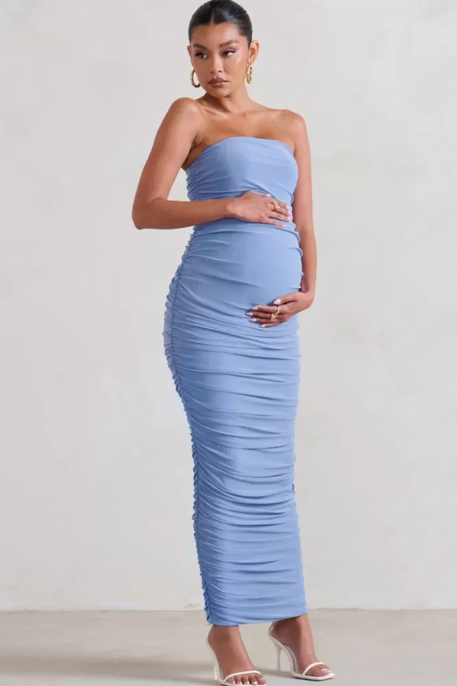 Club L London My Lady | Maternity Powder Blue Strapless Bodycon Ruched Mesh Maxi Dress POWDERBLUE Store