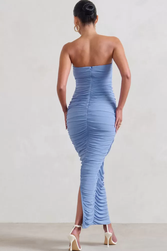 Club L London My Lady | Maternity Powder Blue Strapless Bodycon Ruched Mesh Maxi Dress POWDERBLUE Store