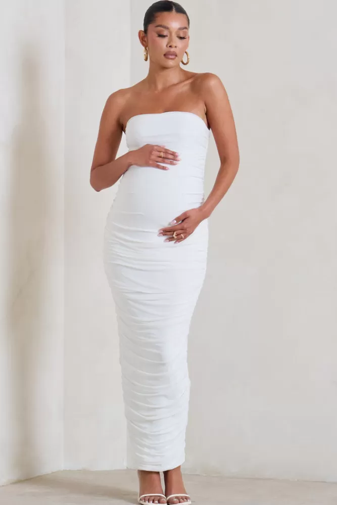 Club L London My Lady | Maternity Strapless Bodycon Ruched Mesh Maxi Dress WHITE Best Sale