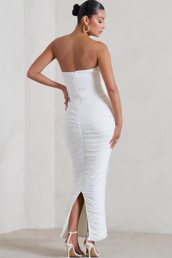 Club L London My Lady | Maternity Strapless Bodycon Ruched Mesh Maxi Dress WHITE Best Sale