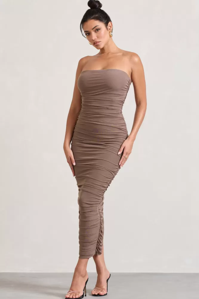 Club L London My Lady | Strapless Bodycon Ruched Mesh Maxi Dress MOCHA Flash Sale