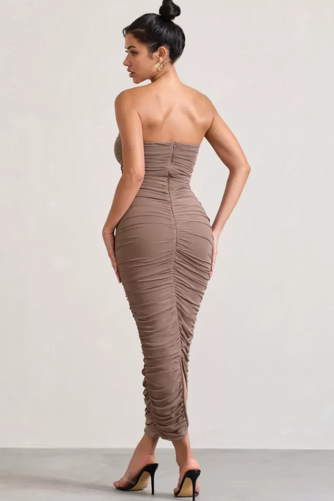 Club L London My Lady | Strapless Bodycon Ruched Mesh Maxi Dress MOCHA Flash Sale