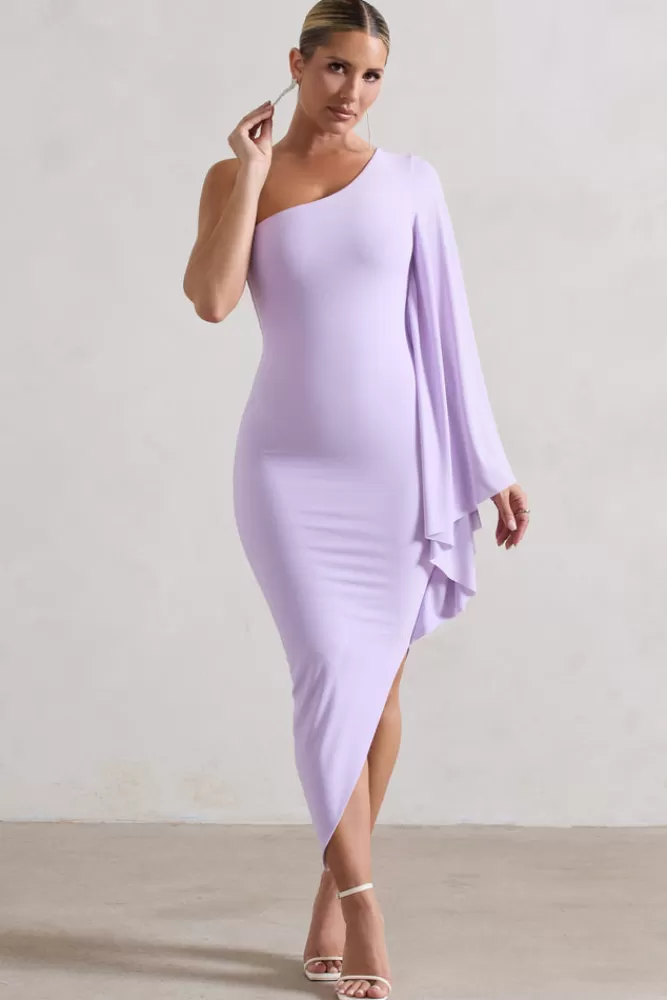Club L London My Level | Lilac Asymmetric One Shoulder Cape Sleeve Midi Dress PASTELLILAC Clearance