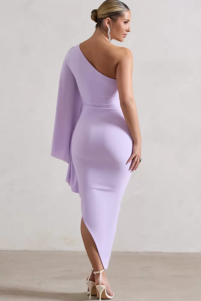 Club L London My Level | Lilac Asymmetric One Shoulder Cape Sleeve Midi Dress PASTELLILAC Clearance