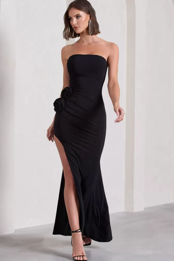 Club L London My Muse | Ruched Bandeau Split Maxi Dress With Flowers BLACK Flash Sale