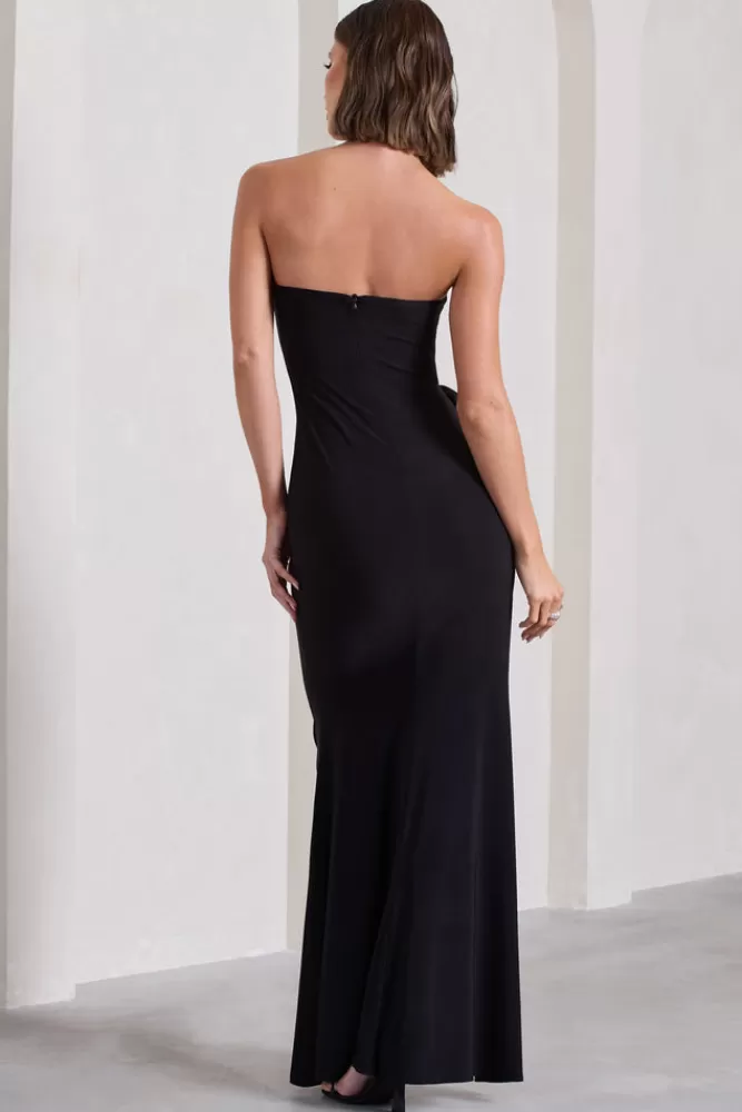 Club L London My Muse | Ruched Bandeau Split Maxi Dress With Flowers BLACK Flash Sale
