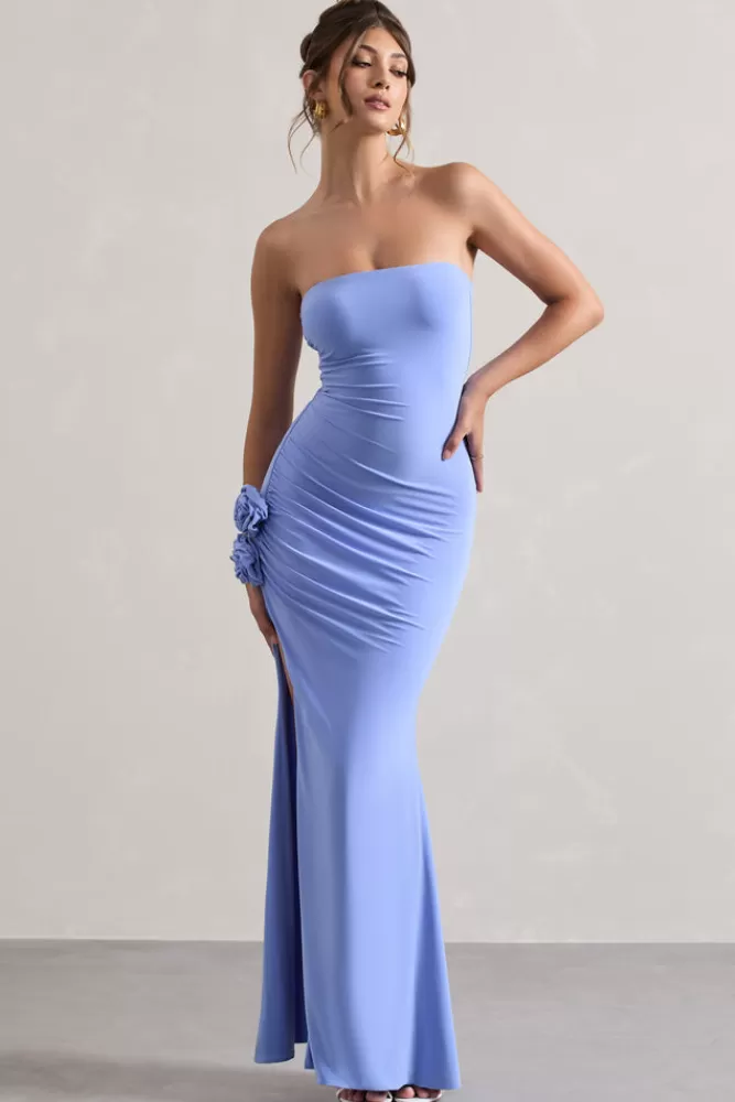 Club L London My Muse | Blue Ruched Bandeau Split Maxi Dress With Flowers COASTLINEBLUE Cheap