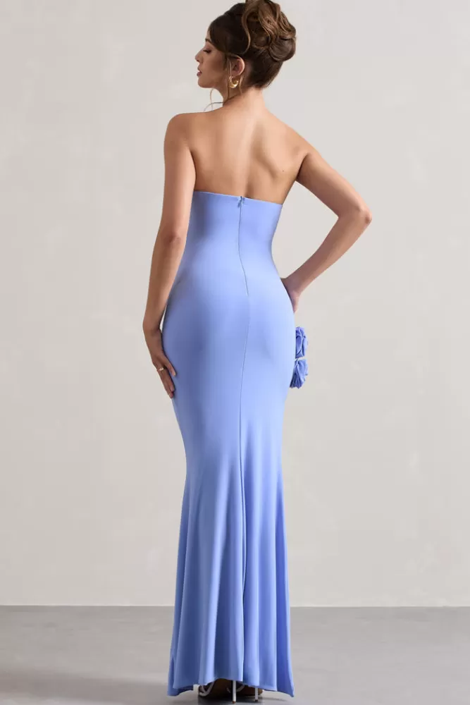 Club L London My Muse | Blue Ruched Bandeau Split Maxi Dress With Flowers COASTLINEBLUE Cheap