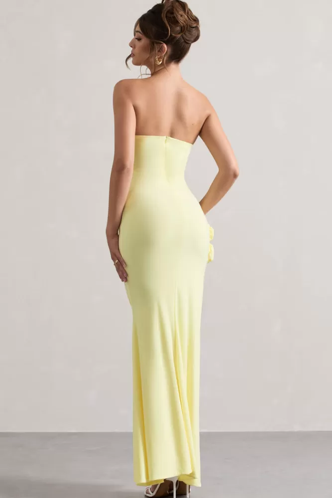 Club L London My Muse | Yellow Ruched Bandeau Split Maxi Dress With Flowers DUCKLING Discount