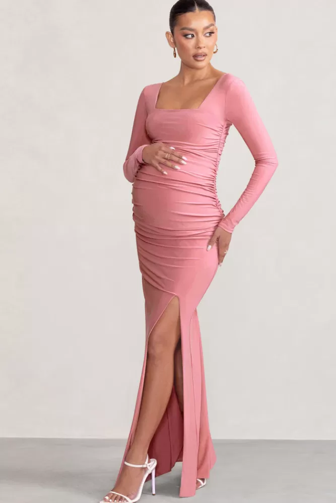Club L London My Pleasure | Long Sleeve Square Neck Maternity Maxi Dress with Split BLUSH Discount