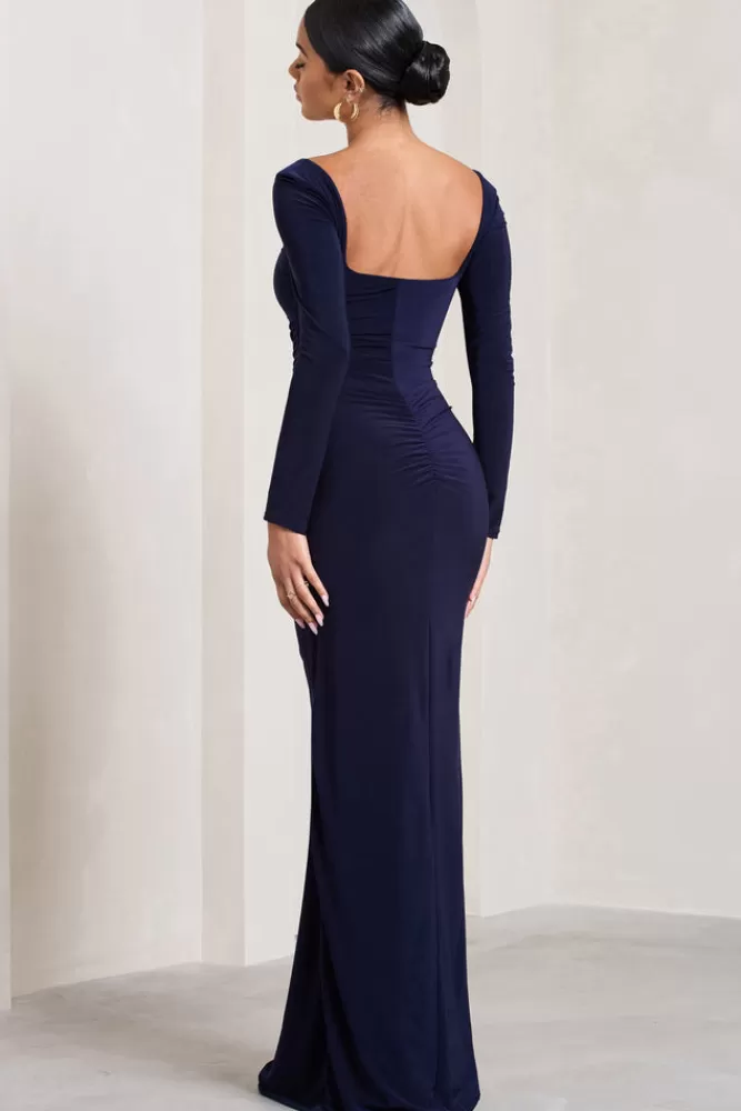 Club L London My Pleasure | Square Neck Ruched Maxi Dress NAVY Cheap