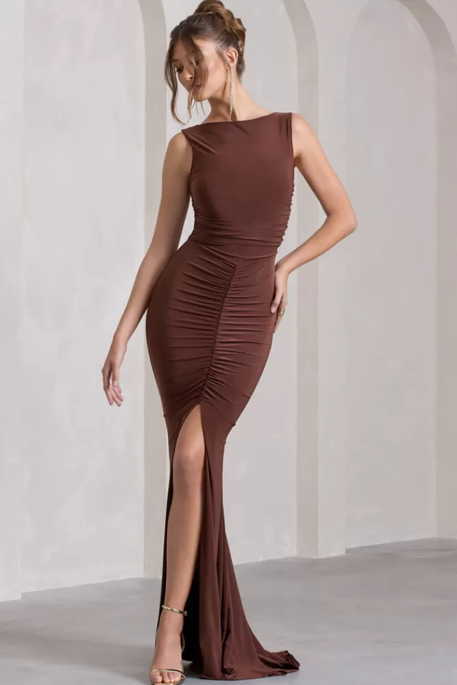 Club L London My Presence | Chocolate Brown Low-Back Fishtail Split Maxi Dress CHOCOLATEDRIZZLE Hot