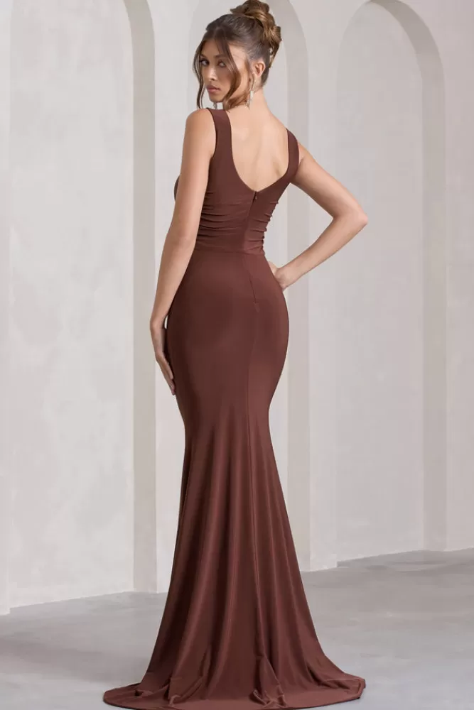 Club L London My Presence | Chocolate Brown Low-Back Fishtail Split Maxi Dress CHOCOLATEDRIZZLE Hot