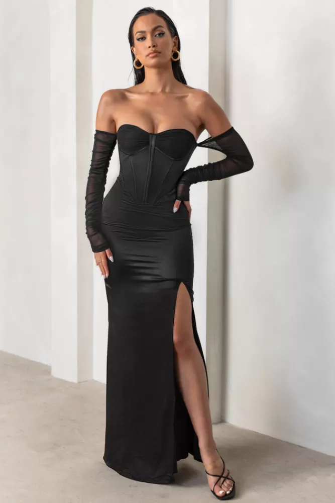 Club L London My Prize | Satin Bardot Mesh Long Sleeve Maxi Dress With Thigh Split BLACK Cheap