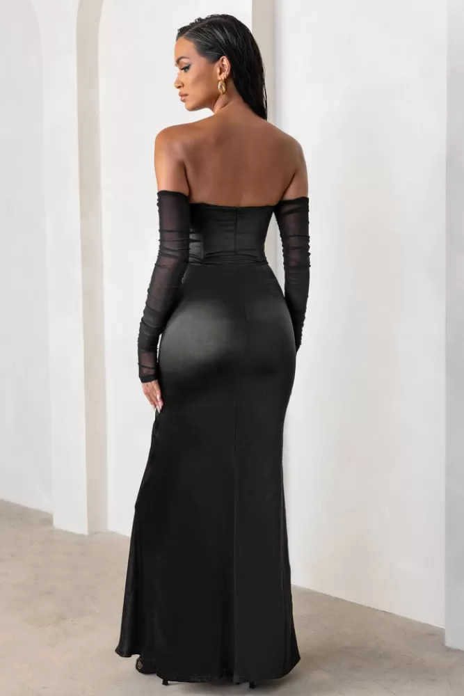Club L London My Prize | Satin Bardot Mesh Long Sleeve Maxi Dress With Thigh Split BLACK Cheap
