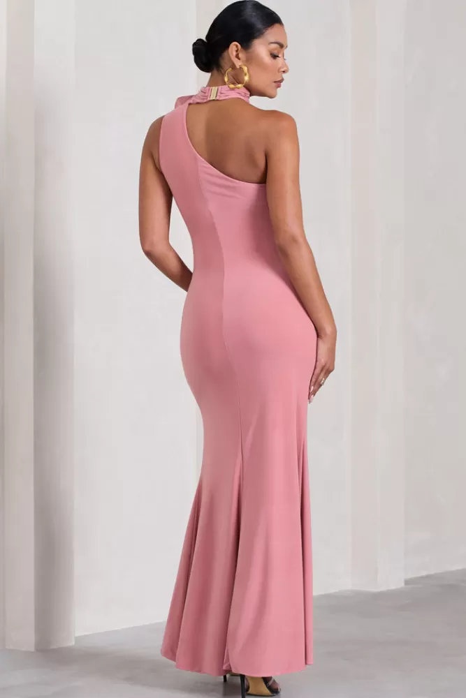 Club L London My Promise | Blush Pink Asymmetric Halter Collar Maternity Maxi Dress With Flowers BLUSHPINK Outlet