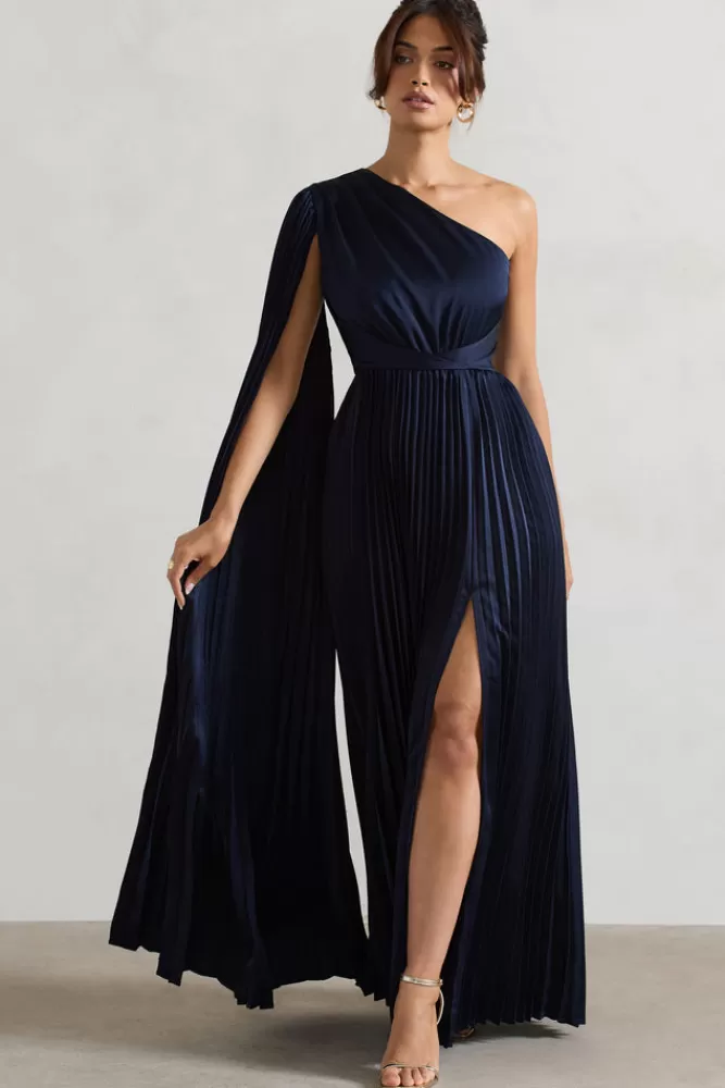 Club L London My Vision | Plisse Asymmetric Split Maxi Dress With Cape Sleeve NAVY Best