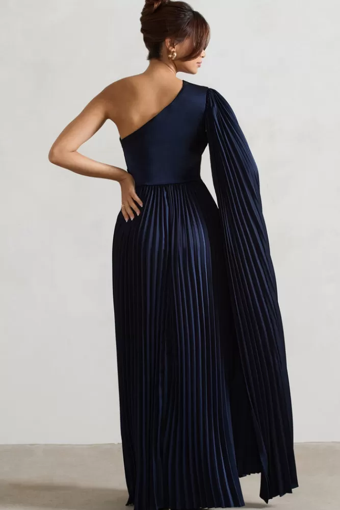 Club L London My Vision | Plisse Asymmetric Split Maxi Dress With Cape Sleeve NAVY Best