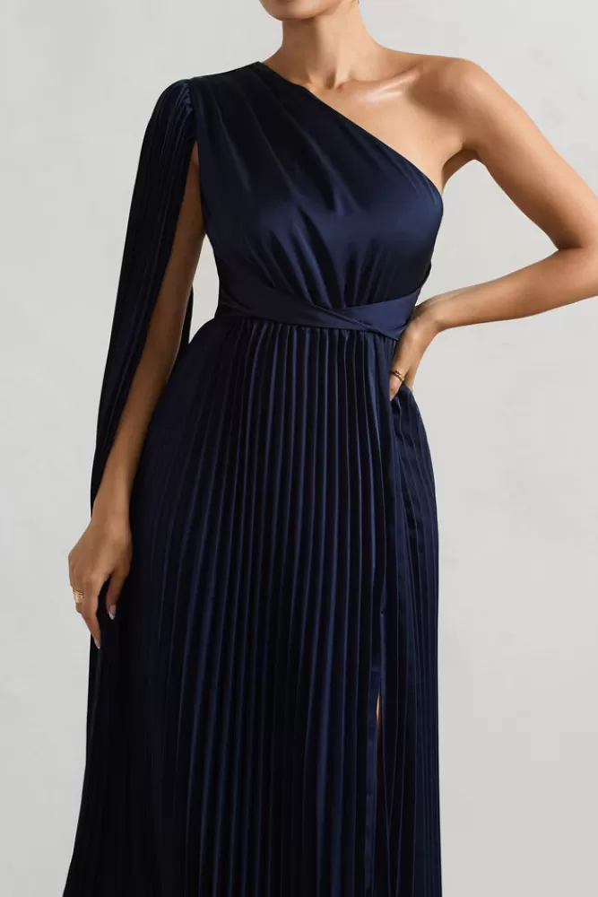Club L London My Vision | Plisse Asymmetric Split Maxi Dress With Cape Sleeve NAVY Best